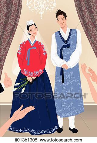 祝うカップル 彼 それ ら 韓国語 伝統的な結婚式 イラスト Ti013b1305 Fotosearch