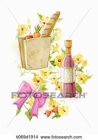 Stock Illustration - a bag of groceries and a bottle of wine. Fotosearch
