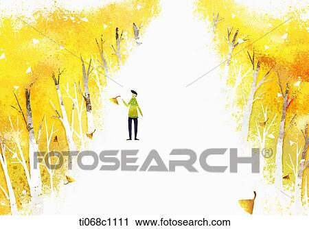 Clip Art - a boy walking in autumn forest. Fotosearch