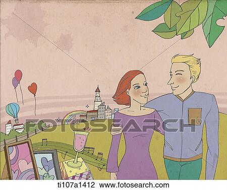 Drawing - a couple walking on the hill together. Fotosearch