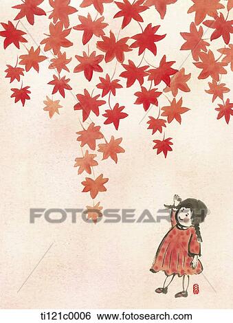Stock Illustration - a girl and maple tree. Fotosearch
