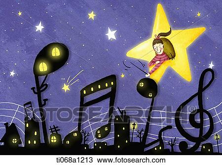 a girl in the star looking down the notes View Large Illustration Drawing - a girl in the star looking down the notes. Fotosearch