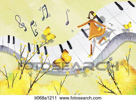Clip Art - a girl running on the piano with butterflies . Fotosearch