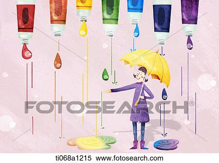 Stock Illustration - a girl standing in the rain of paints. Fotosearch