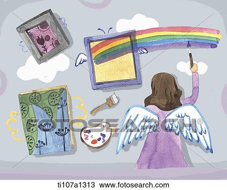 Drawing - angel drawing a rainbow on the wall . Fotosearch