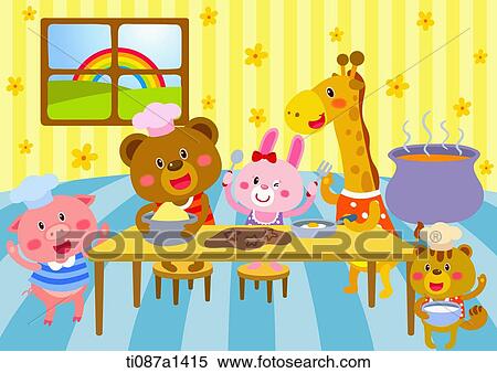 animals having meal in the house View Large Illustration Stock Illustration - animals having meal in the house. Fotosearch