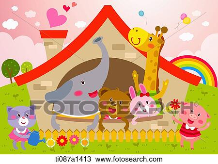 animals in the house View Large Illustration Drawing - animals in the house. Fotosearch