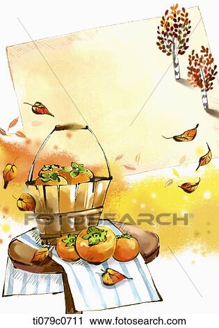 Clip Art - autumn background with a bunch of ripe persimmons . Fotosearch