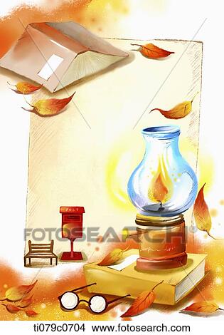 Stock Illustration - autumn background with lamp and book. Fotosearch