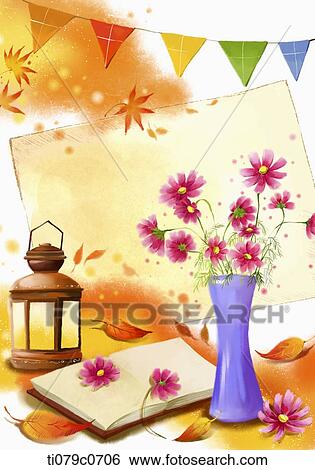Stock Illustration - autumn background with lantern and flower vase. Fotosearch