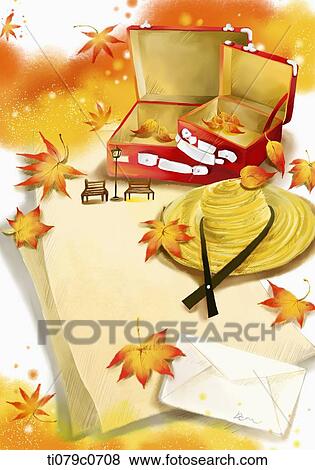Stock Illustration - autumn background with suitcases and hat. Fotosearch