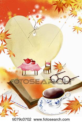 Drawing - autumn background with tea and a pair of glasses. Fotosearch