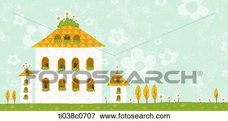Stock Illustration - big house in the mint floral background. Fotosearch