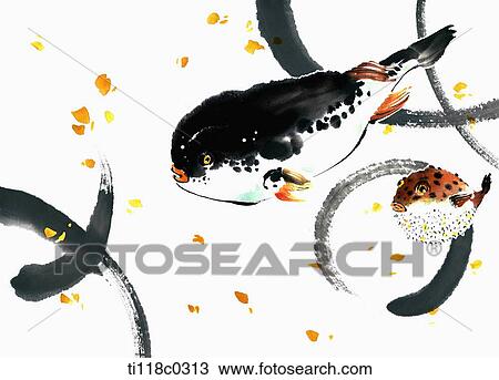 Drawing - black fish. Fotosearch