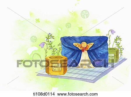 blue clutch bag and plants in the pot View Large Illustration Stock Illustration - blue clutch bag and plants in the pot. Fotosearch