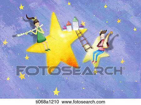 Clipart - boy and girl playing musical instruments in the star. Fotosearch