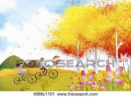 Clip Art - boy and girl riding bikes on the hill in autumn . Fotosearch