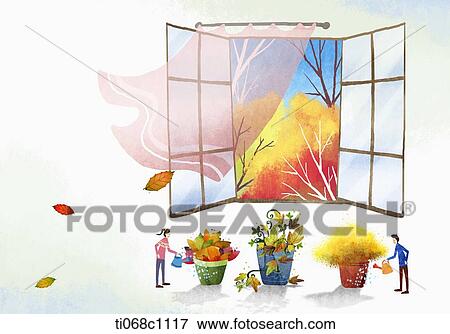 Stock Illustration - boy and girl watering the plants under the window . Fotosearch