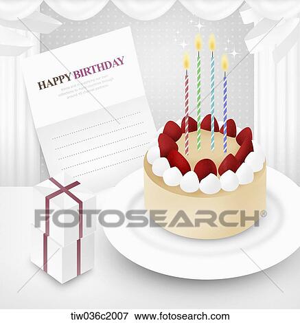 Stock Illustration - cake and happy birthday card. Fotosearch
