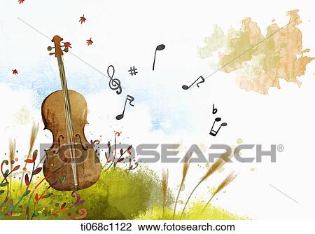 cello and musical notes in the field View Large Illustration Drawing - cello and musical notes in the field . Fotosearch