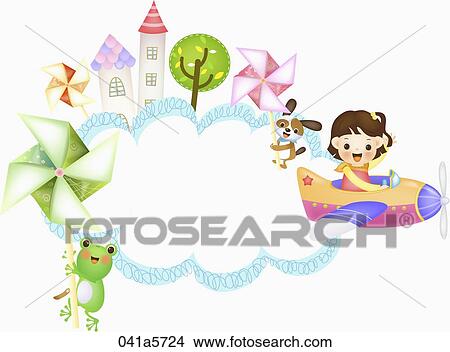 Stock Illustration - child taking a plane and frog and dog holding pinwheels . Fotosearch