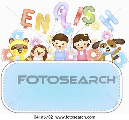 children and animals holding letters of ENGLISH View Large Illustration Drawing - children and animals holding letters of ENGLISH . Fotosearch