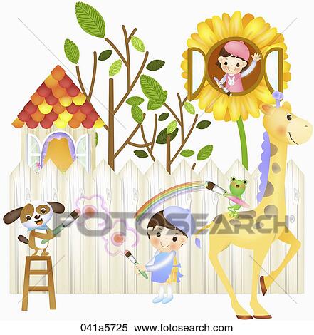 children and animals painting pictures on the wall View Large Illustration Stock Illustration - children and animals painting pictures on the wall. Fotosearch