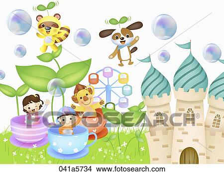Stock Illustration - children and animals playing in amusement park. Fotosearch
