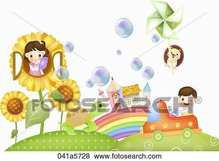 children and animals playing in the garden with rainbow View Large Illustration Stock Illustration - children and animals playing in the garden with rainbow. Fotosearch