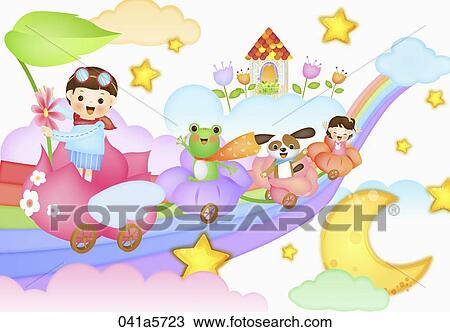 children, frog and dog taking cars on the rainbow View Large Illustration Drawing - children, frog and dog taking cars on the rainbow. Fotosearch