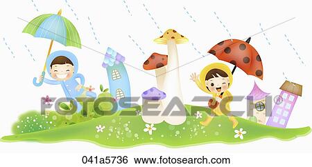 children holding umbrellas on a rainy day View Large Illustration Stock Illustration - children holding umbrellas on a rainy day . Fotosearch