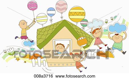 children playing around the house View Large Illustration Stock Illustration - children playing around the house. Fotosearch