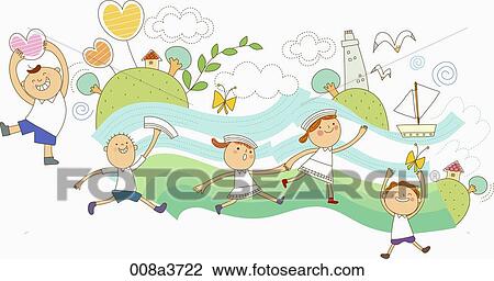 Drawing - children playing around the sea. Fotosearch