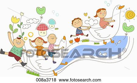 Stock Illustration - children playing around the stream. Fotosearch