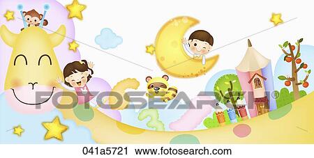 Clip Art - children playing on the giraffe . Fotosearch