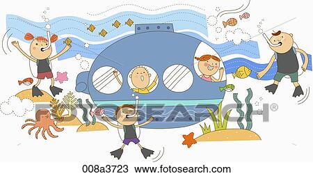 children playing under the sea by taking a submarine and snorkeling View Large Illustration Drawing - children playing under the sea by taking a submarine and snorkeling . Fotosearch