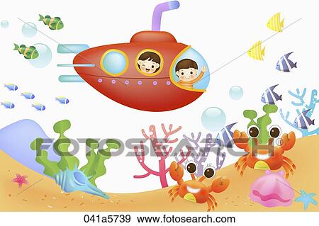 children taking a submarine under the sea View Large Illustration Stock Illustration - children taking a submarine under the sea. Fotosearch