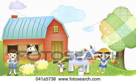 children taking care of a cow, a horse, and sheep View Large Illustration Stock Illustration - children taking care of a cow, a horse, and sheep. Fotosearch