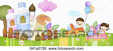 children taking cars in the garden View Large Illustration Stock Illustration - children taking cars in the garden. Fotosearch