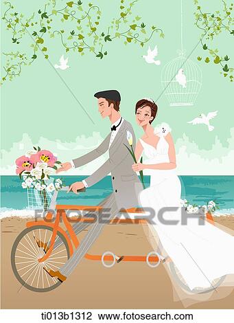 couple riding a wedding bicycle View Large Illustration Drawing - couple riding a wedding bicycle . Fotosearch