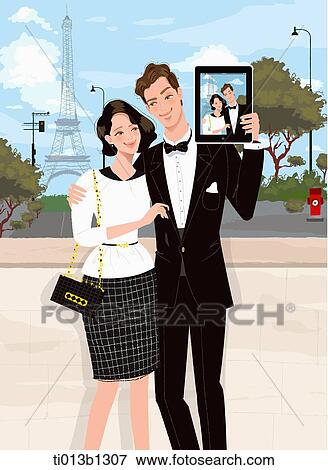 Stock Illustration - couple taking a picture in their honeymoon . Fotosearch