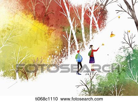 Clipart - couple walking in autumn forest. Fotosearch