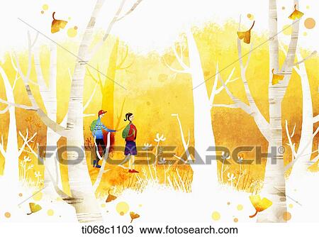 Drawing - couple walking in autumn forest. Fotosearch