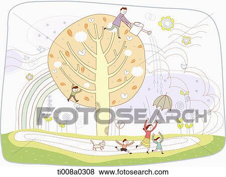 Stock Illustration - family playing around a big tree . Fotosearch