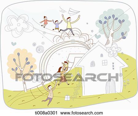 Clip Art - family playing around the house in the hill . Fotosearch