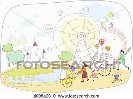 Clipart - family playing around the windmill. Fotosearch