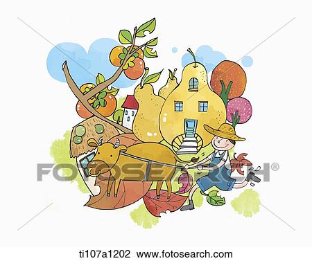 Drawing - farmer working in the farm. Fotosearch