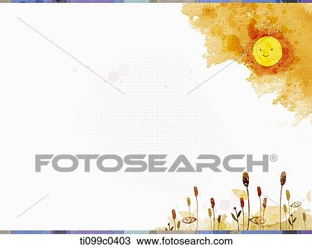 Drawing - flame grass and the sun in white background. Fotosearch