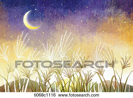 flame grass under the moon View Large Illustration Stock Illustration - flame grass under the moon . Fotosearch
