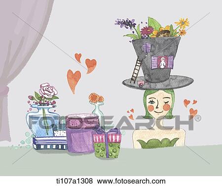 Stock Illustration - flower pot on woman's head. Fotosearch
